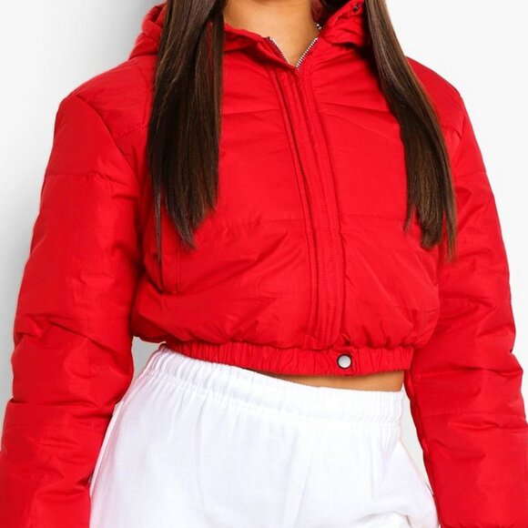 Red Cropped Puffer Jacket - Picture 1 of 6